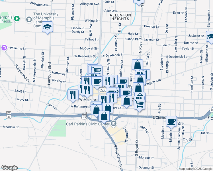 map of restaurants, bars, coffee shops, grocery stores, and more near 119 East College Street in Jackson