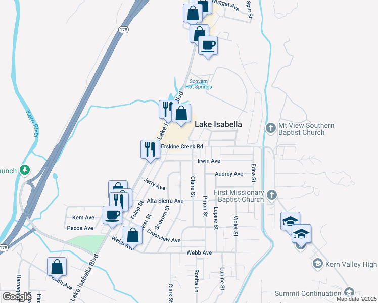 map of restaurants, bars, coffee shops, grocery stores, and more near 2608 Erskine Creek Road in Lake Isabella