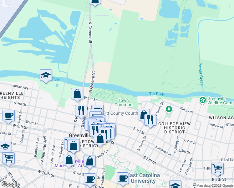map of restaurants, bars, coffee shops, grocery stores, and more near 100 East 1st Street in Greenville
