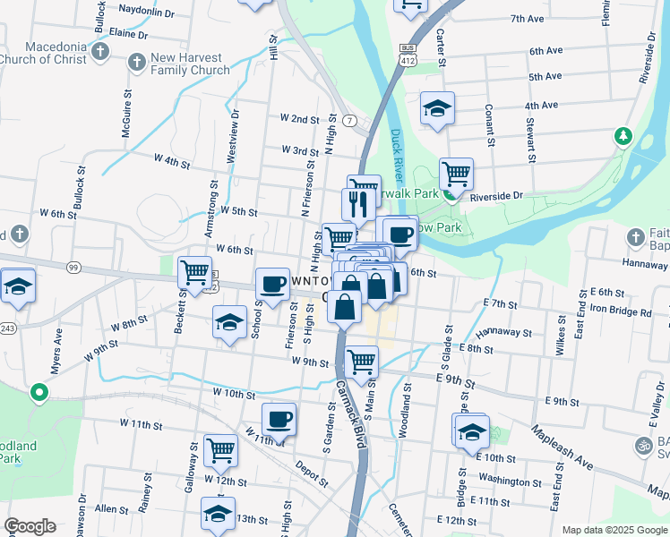 map of restaurants, bars, coffee shops, grocery stores, and more near 205 West 6th Street in Columbia