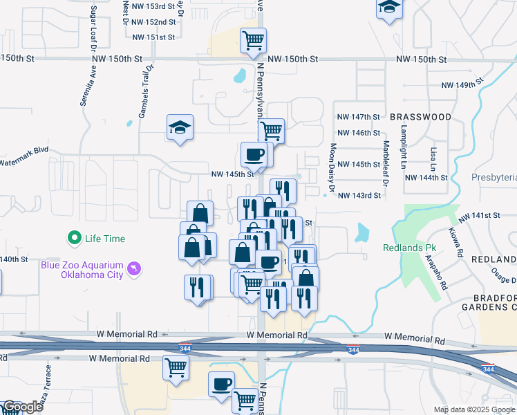 map of restaurants, bars, coffee shops, grocery stores, and more near 14300 North Pennsylvania Avenue in Oklahoma City