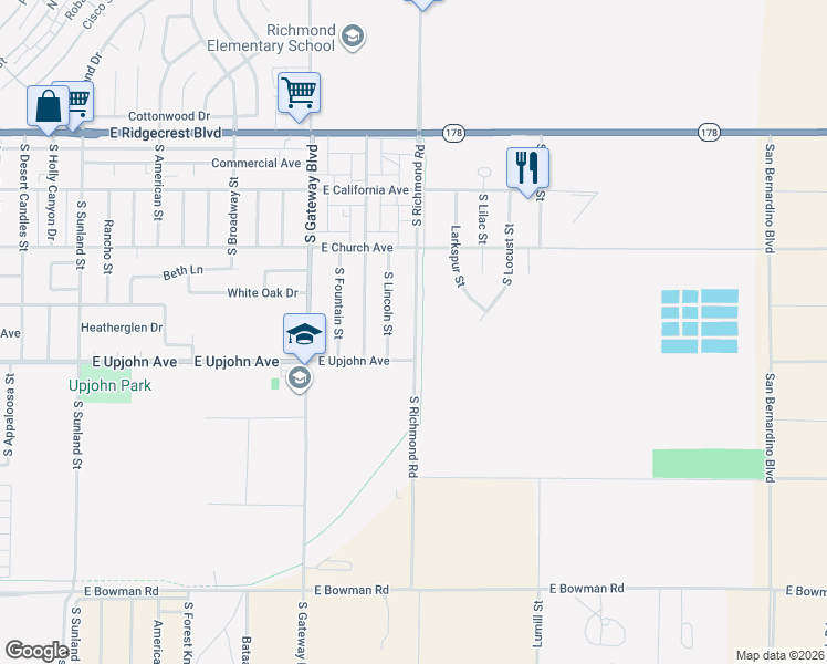 map of restaurants, bars, coffee shops, grocery stores, and more near 425a South Richmond Road in Ridgecrest