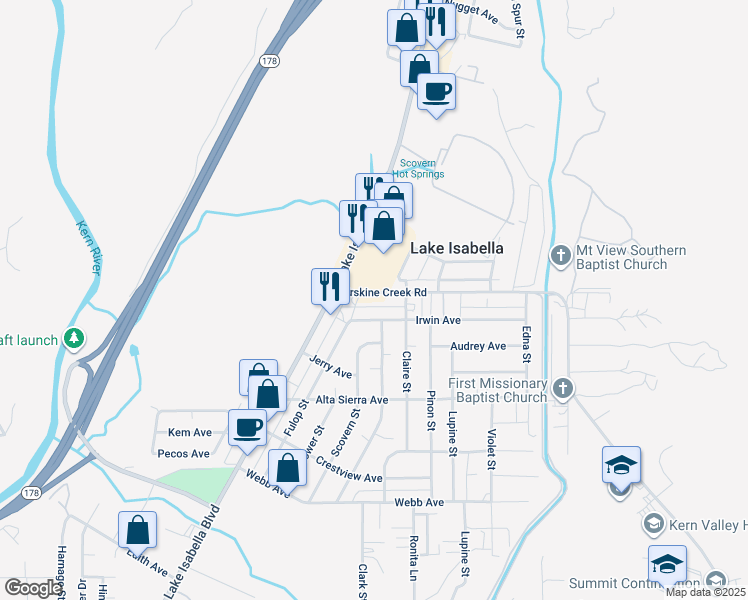 map of restaurants, bars, coffee shops, grocery stores, and more near 2608 Erskine Creek Road in Lake Isabella
