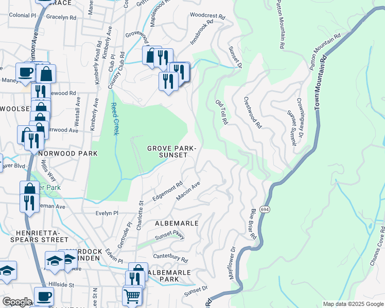 map of restaurants, bars, coffee shops, grocery stores, and more near 23 Sunset Terrace in Asheville