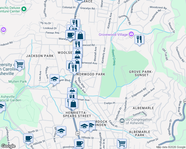 map of restaurants, bars, coffee shops, grocery stores, and more near 131 Norwood Avenue in Asheville