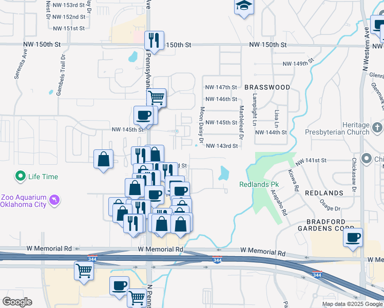 map of restaurants, bars, coffee shops, grocery stores, and more near 1933 Northwest 142nd Street in Oklahoma City