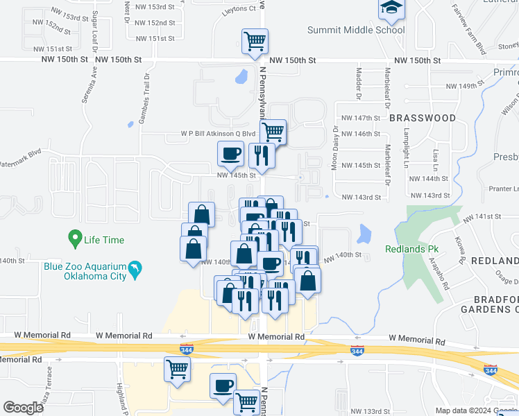 map of restaurants, bars, coffee shops, grocery stores, and more near 14300 North Pennsylvania Avenue in Oklahoma City