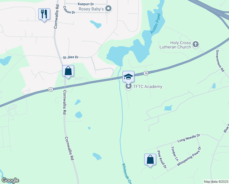 map of restaurants, bars, coffee shops, grocery stores, and more near North Carolina 42 in Garner