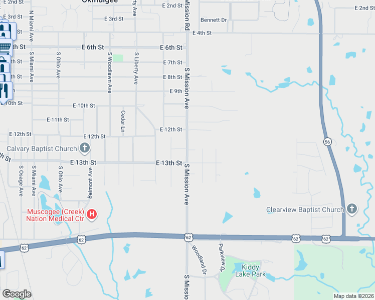 map of restaurants, bars, coffee shops, grocery stores, and more near 1734 East Elm Lane in Okmulgee