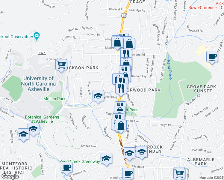 map of restaurants, bars, coffee shops, grocery stores, and more near 85 Chatham Road in Asheville