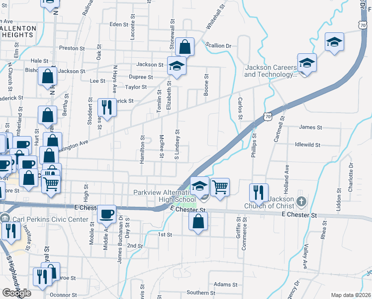 map of restaurants, bars, coffee shops, grocery stores, and more near 215 Crocker Street in Jackson