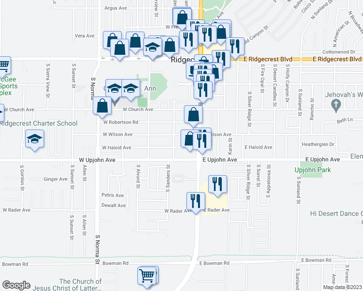 map of restaurants, bars, coffee shops, grocery stores, and more near 128 West Haloid Avenue in Ridgecrest