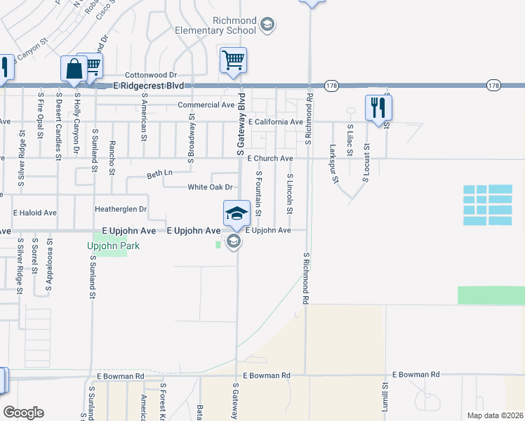 map of restaurants, bars, coffee shops, grocery stores, and more near 420 South Fountain Street in Ridgecrest