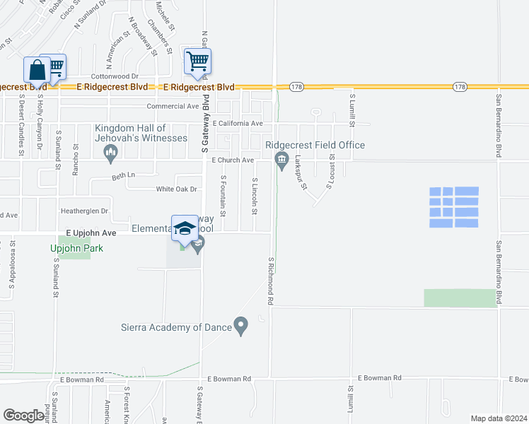 map of restaurants, bars, coffee shops, grocery stores, and more near 425a South Richmond Road in Ridgecrest