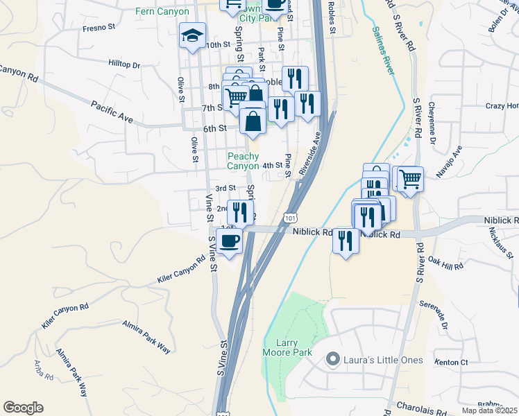 map of restaurants, bars, coffee shops, grocery stores, and more near 32 Spring Street in Paso Robles