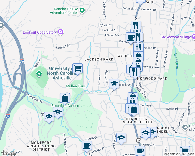 map of restaurants, bars, coffee shops, grocery stores, and more near 25 Lee Avenue in Asheville