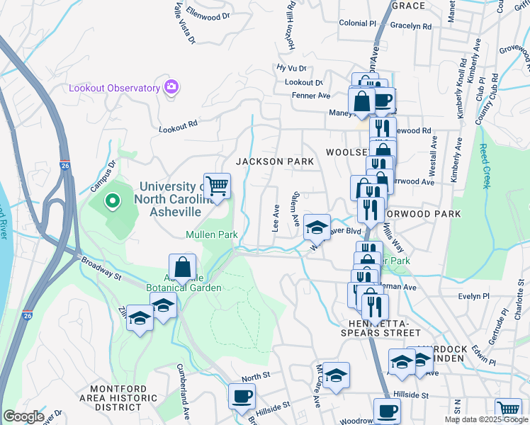 map of restaurants, bars, coffee shops, grocery stores, and more near 54 Barnard Avenue in Asheville