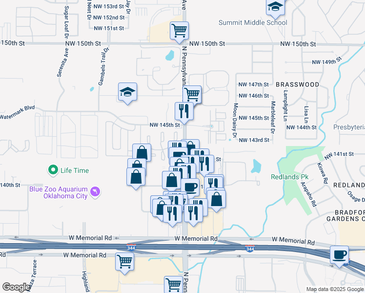 map of restaurants, bars, coffee shops, grocery stores, and more near 14300 North Pennsylvania Avenue in Oklahoma City