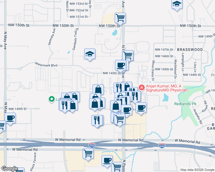 map of restaurants, bars, coffee shops, grocery stores, and more near 14331 North Pennsylvania Avenue in Oklahoma City