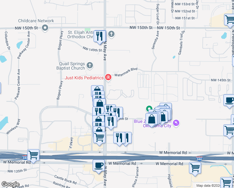 map of restaurants, bars, coffee shops, grocery stores, and more near 14152 North May Avenue in Oklahoma City