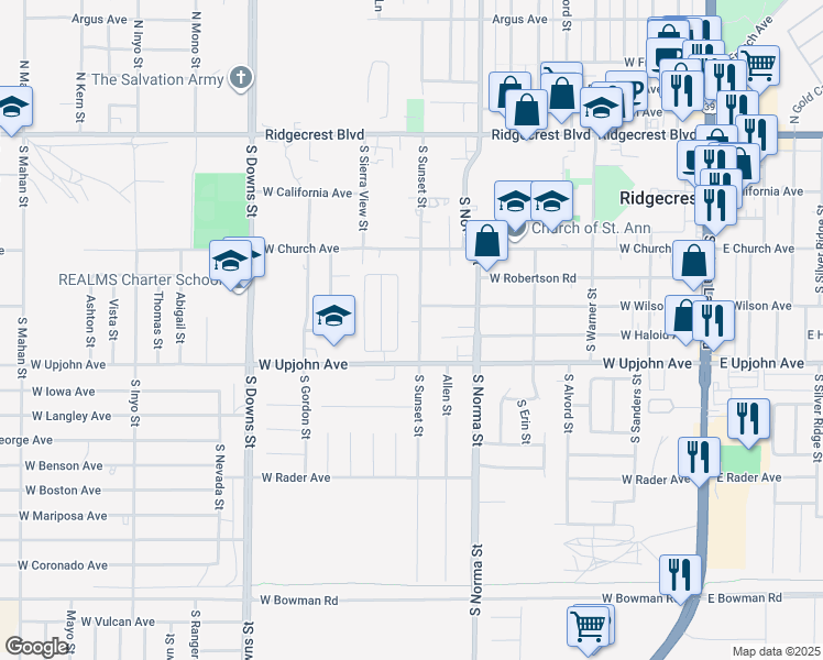 map of restaurants, bars, coffee shops, grocery stores, and more near 421 South Sunset Street in Ridgecrest