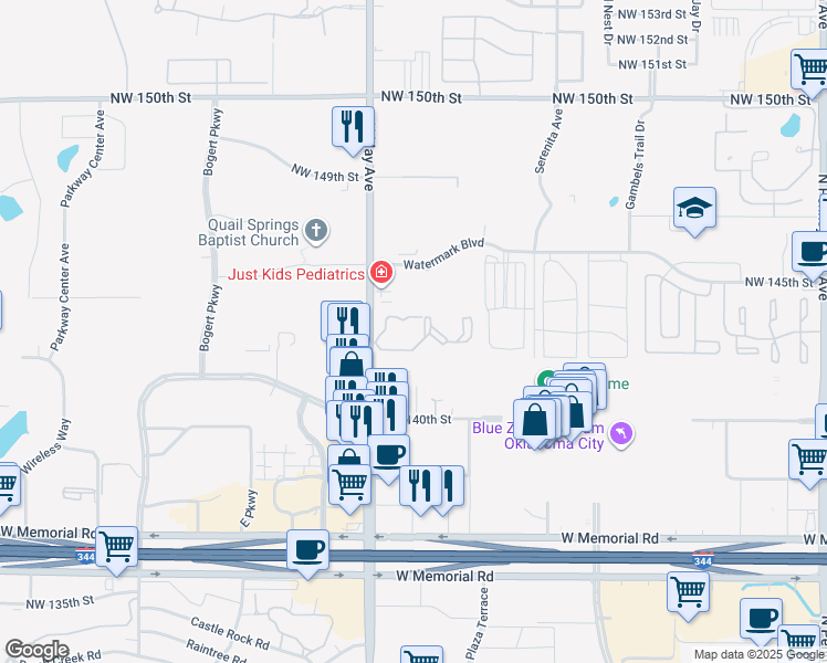 map of restaurants, bars, coffee shops, grocery stores, and more near 14300 North May Avenue in Oklahoma City