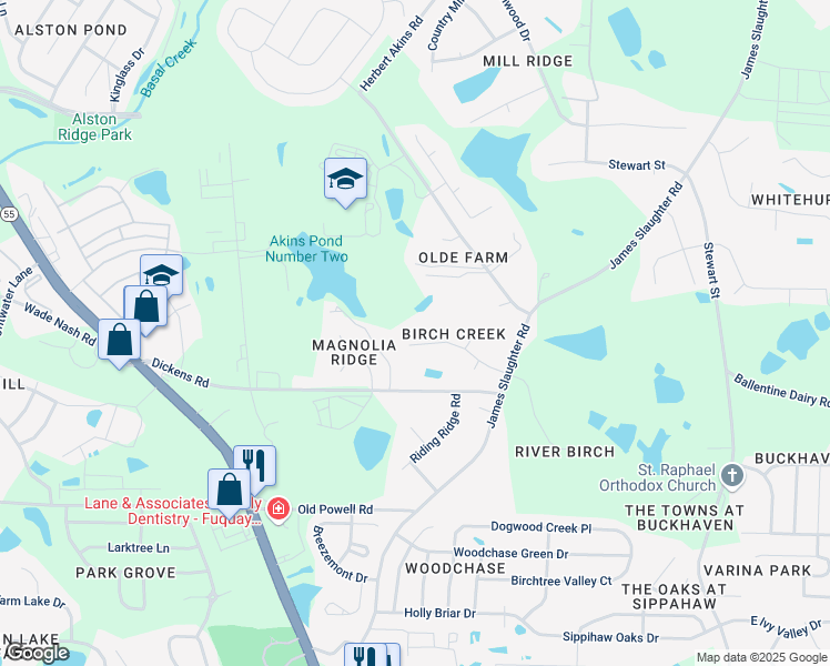 map of restaurants, bars, coffee shops, grocery stores, and more near 220 Birch Creek Drive in Fuquay-Varina
