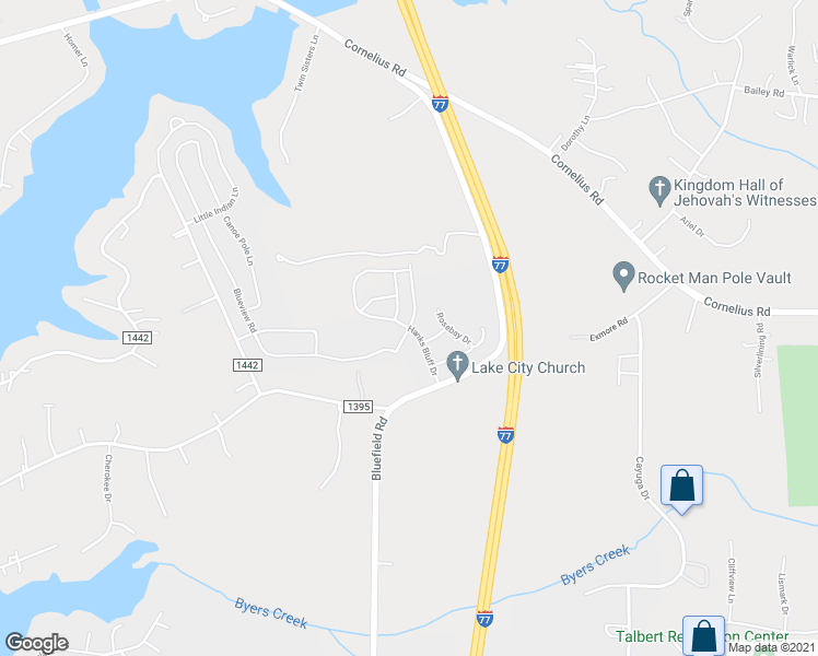 map of restaurants, bars, coffee shops, grocery stores, and more near 146 Hanks Bluff Drive in Mooresville
