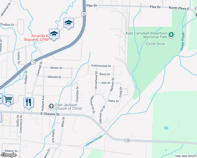 map of restaurants, bars, coffee shops, grocery stores, and more near 201 Ash Street in Jackson