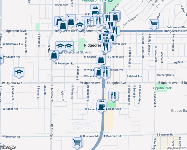 map of restaurants, bars, coffee shops, grocery stores, and more near 135 West Haloid Avenue in Ridgecrest