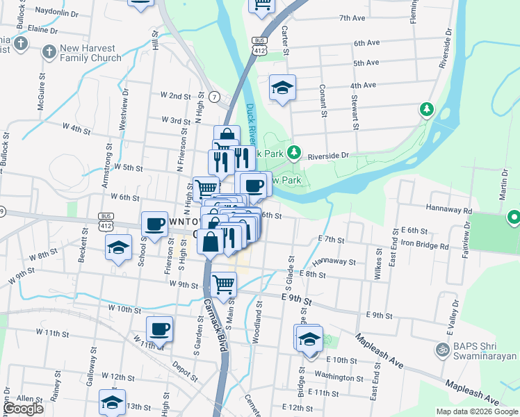 map of restaurants, bars, coffee shops, grocery stores, and more near 106 East 6th Street in Columbia