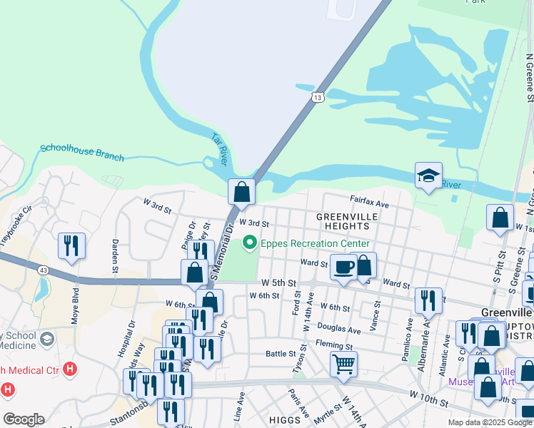 map of restaurants, bars, coffee shops, grocery stores, and more near 1500 West 3rd Street in Greenville