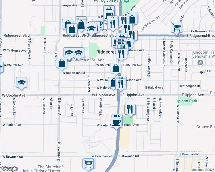 map of restaurants, bars, coffee shops, grocery stores, and more near 130 West Haloid Avenue in Ridgecrest