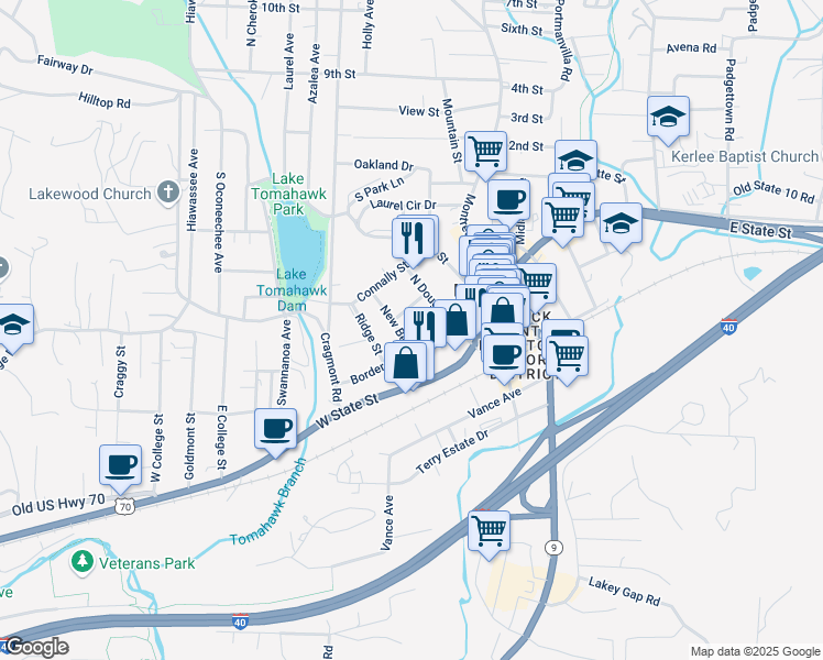 map of restaurants, bars, coffee shops, grocery stores, and more near 104 Orchard Street in Black Mountain