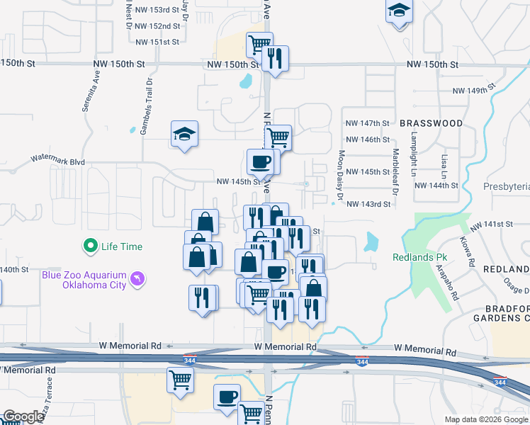 map of restaurants, bars, coffee shops, grocery stores, and more near 14331 North Pennsylvania Avenue in Oklahoma City
