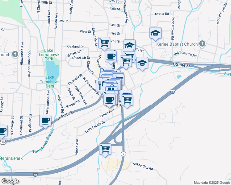 map of restaurants, bars, coffee shops, grocery stores, and more near 128 Broadway Avenue in Black Mountain