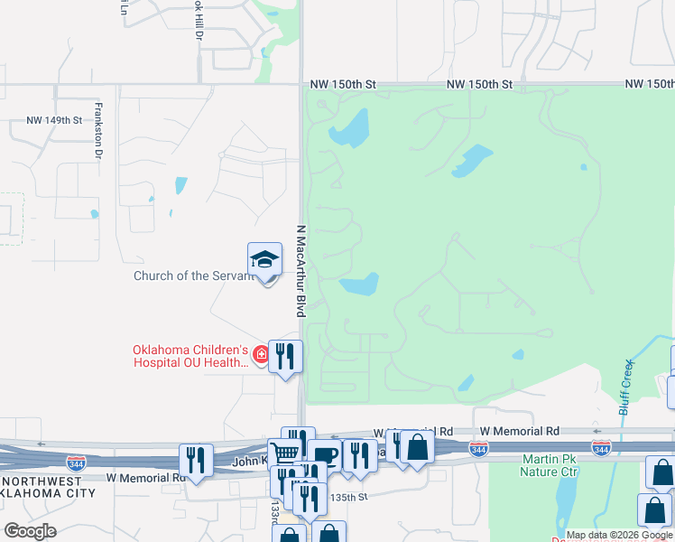 map of restaurants, bars, coffee shops, grocery stores, and more near 14409 Rosebay Place in Oklahoma City