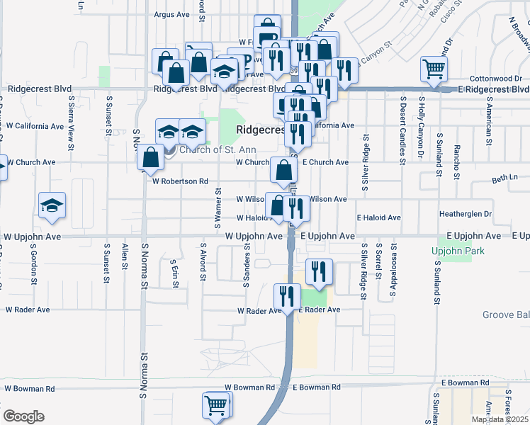 map of restaurants, bars, coffee shops, grocery stores, and more near 128 West Haloid Avenue in Ridgecrest