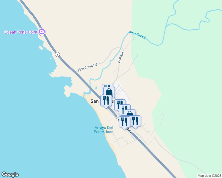 map of restaurants, bars, coffee shops, grocery stores, and more near 540 Pico Avenue in San Simeon