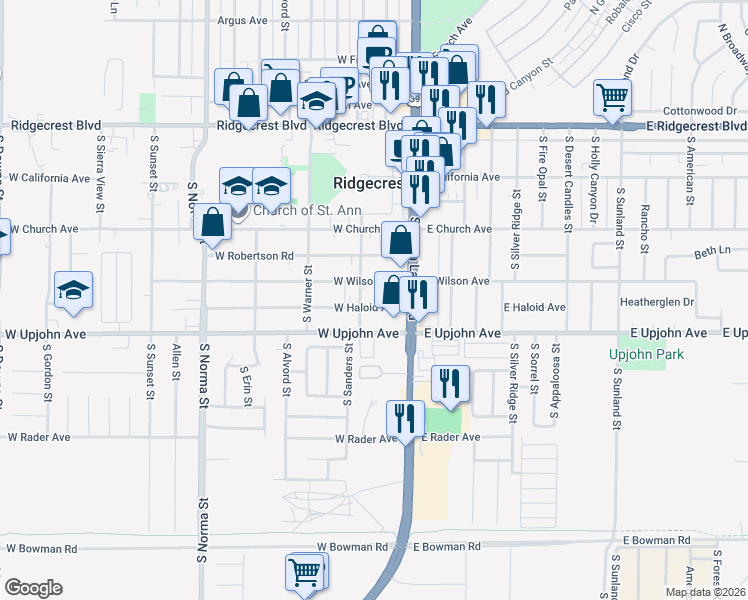 map of restaurants, bars, coffee shops, grocery stores, and more near 145 West Haloid Avenue in Ridgecrest