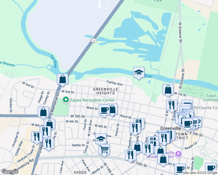 map of restaurants, bars, coffee shops, grocery stores, and more near 1016 Colonial Avenue in Greenville
