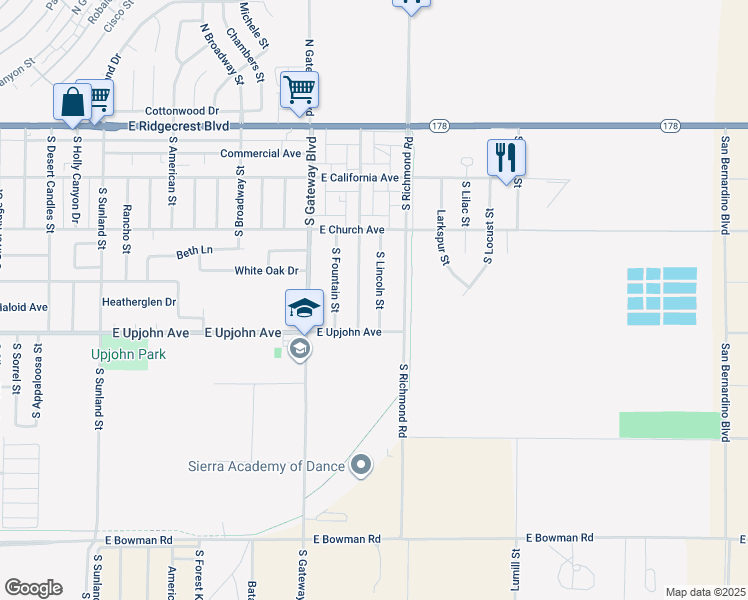 map of restaurants, bars, coffee shops, grocery stores, and more near 413 South Lincoln Street in Ridgecrest
