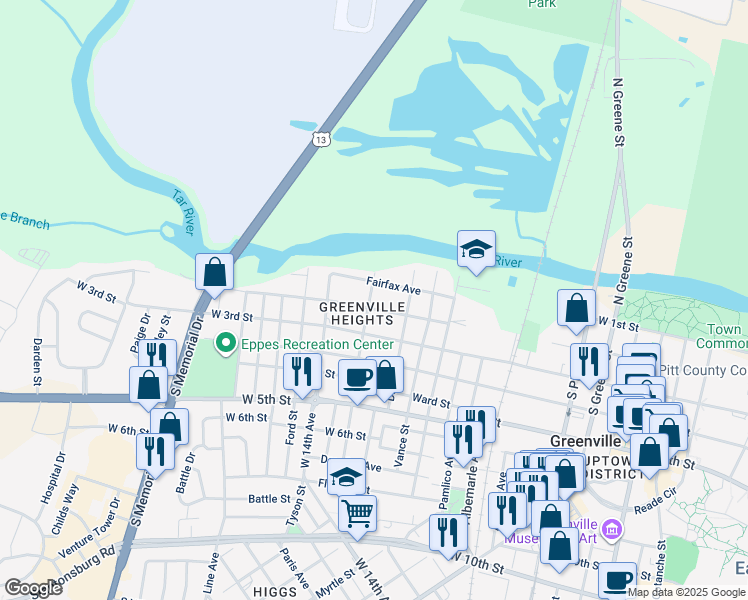 map of restaurants, bars, coffee shops, grocery stores, and more near 1016 Colonial Avenue in Greenville