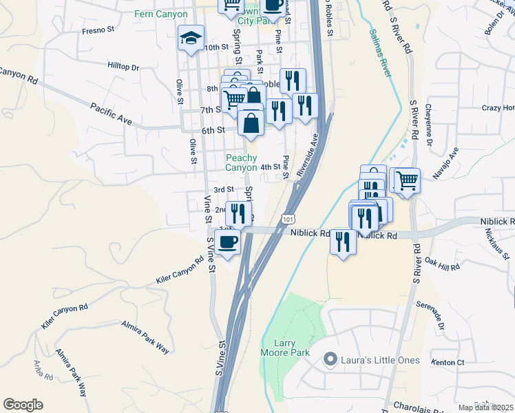 map of restaurants, bars, coffee shops, grocery stores, and more near 202 Spring Street in Paso Robles