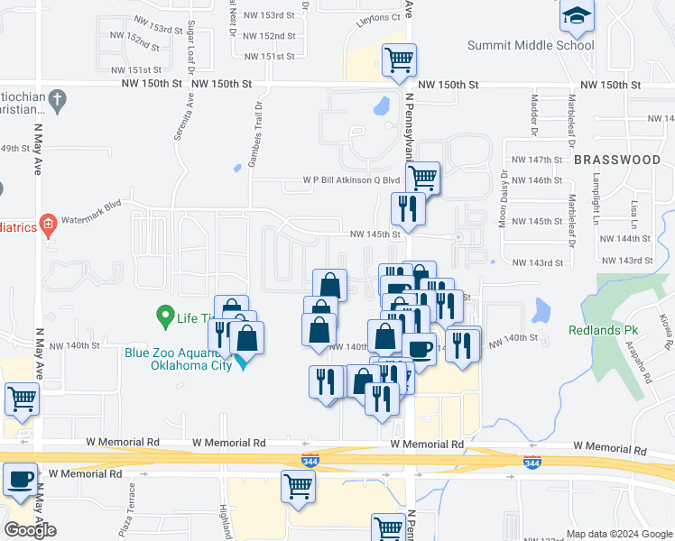 map of restaurants, bars, coffee shops, grocery stores, and more near 14331 North Pennsylvania Avenue in Oklahoma City