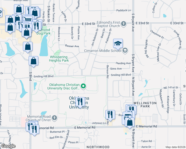 map of restaurants, bars, coffee shops, grocery stores, and more near 1205 Smiling Hill Boulevard in Edmond