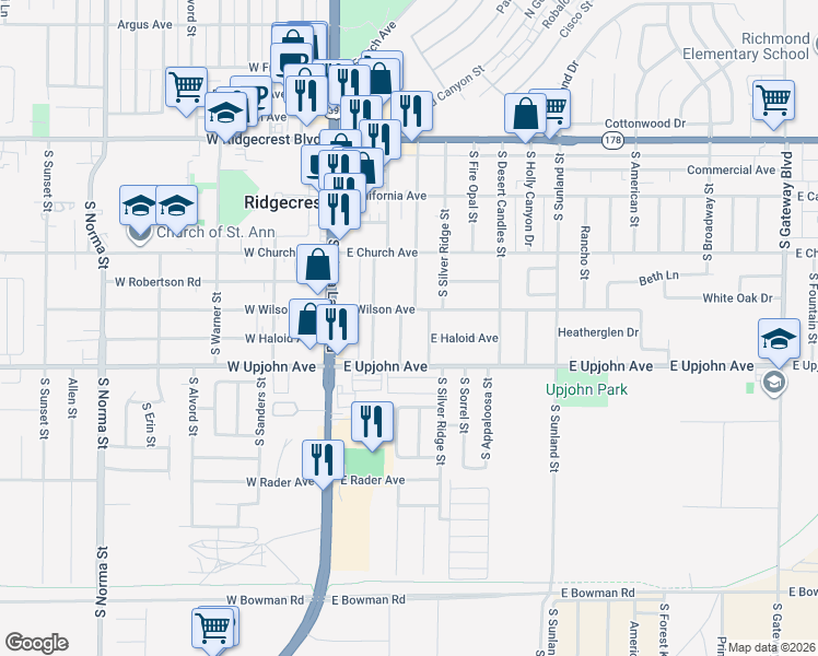 map of restaurants, bars, coffee shops, grocery stores, and more near 421 Karin Street in Ridgecrest