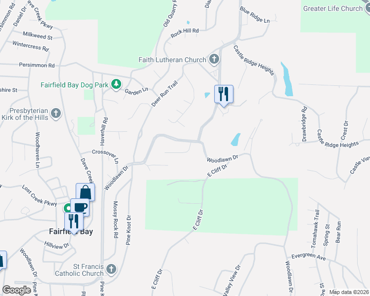 map of restaurants, bars, coffee shops, grocery stores, and more near 106 Oakpark Lane in Fairfield Bay