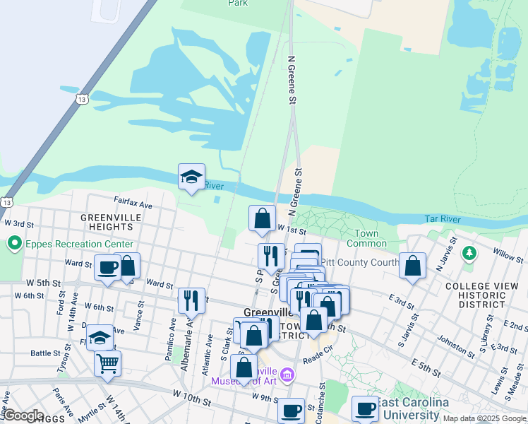 map of restaurants, bars, coffee shops, grocery stores, and more near 400 West 1st Street in Greenville