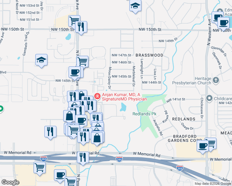 map of restaurants, bars, coffee shops, grocery stores, and more near 1800 Northwest 143rd Street in Edmond